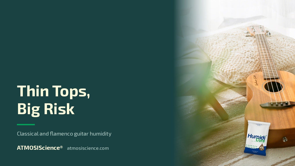 Classical and flamenco guitar humidity — caring for thin nylon-string tops | Humidi-Cure® 49% two-way humidity control by ATMOSIScience