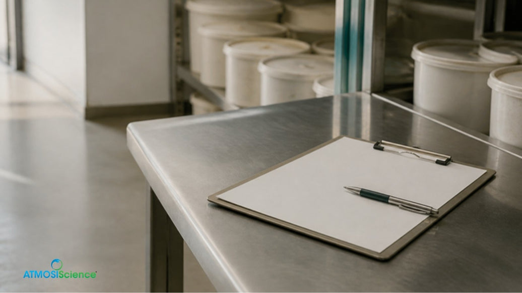 Clipboard on a steel table in front of curing buckets, a commercial cannabis curing SOP