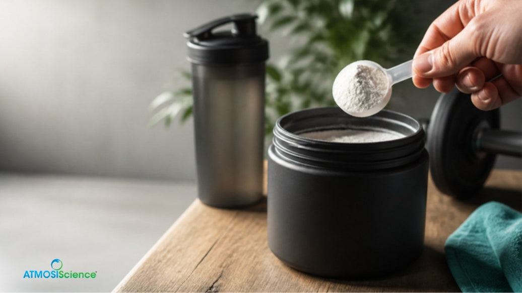 A scoop of white powder lifted from a black supplement tub