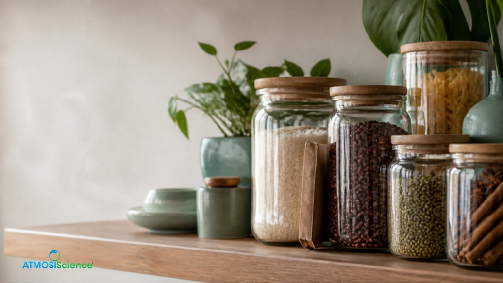 Pantry shelf of glass jars filled with rice, beans and spices, the basics of food storage humidity control