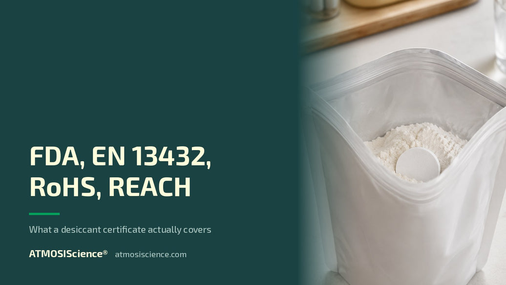FDA, EN 13432, RoHS and REACH — what a desiccant certificate actually covers | ATMOSIScience fiber desiccant