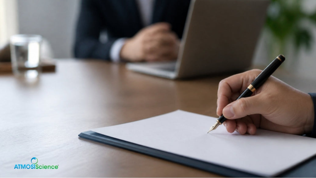 Hand signing a document at a meeting table, agreeing a desiccant change control clause
