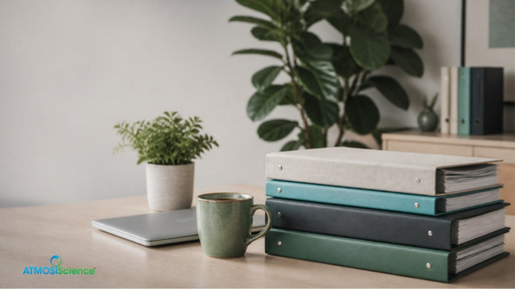Stack of document binders on a desk beside a plant and a mug