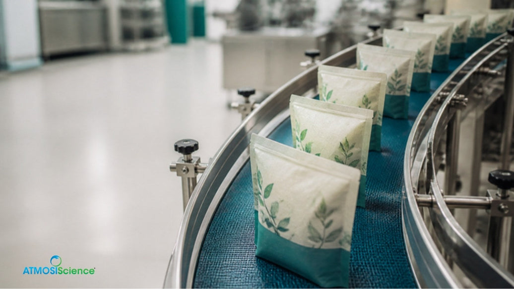 Flexible pouches moving along an automated packaging conveyor