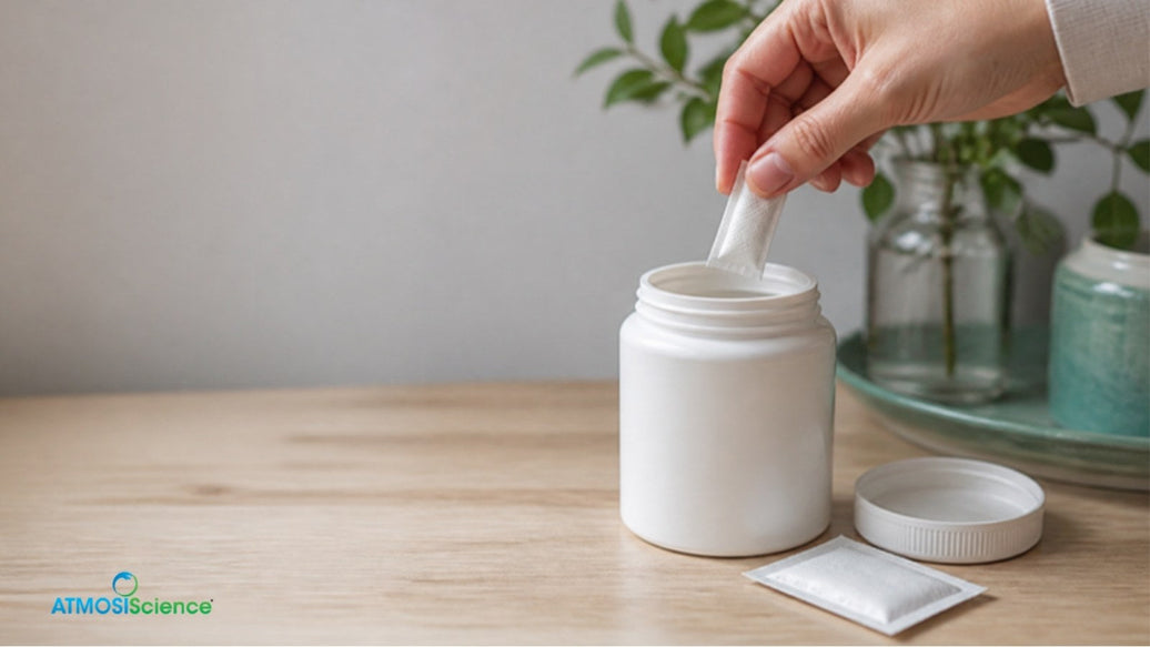Hand reaching into a white supplement bottle with a small white packet beside it