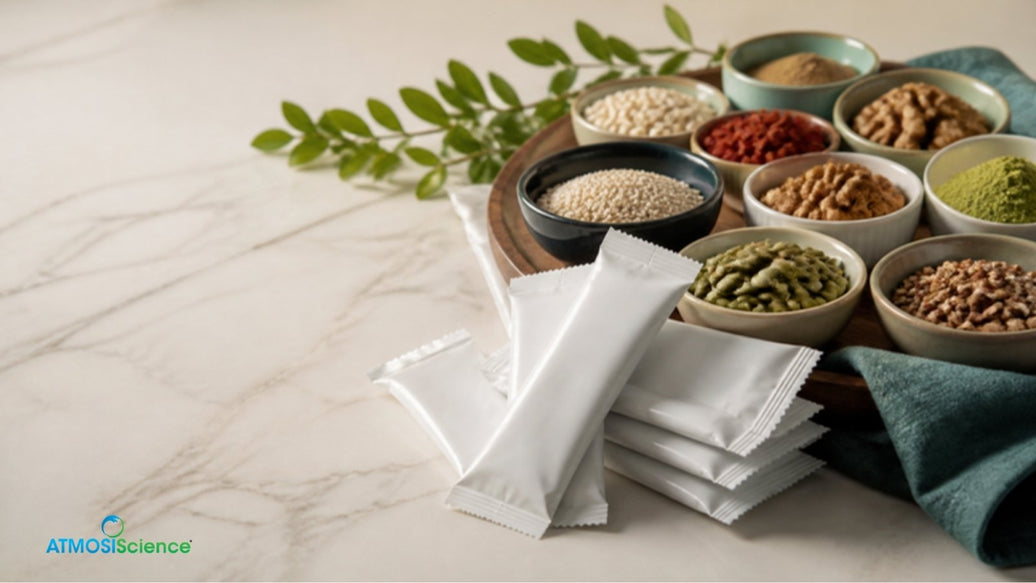 Plain desiccant sachets beside bowls of grains, nuts and spices, for allergen and kosher halal declarations
