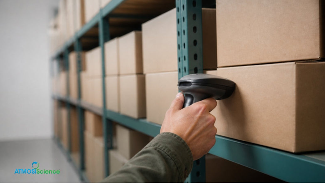 Hand scanning a carton on warehouse shelving for desiccant lot traceability and recall readiness