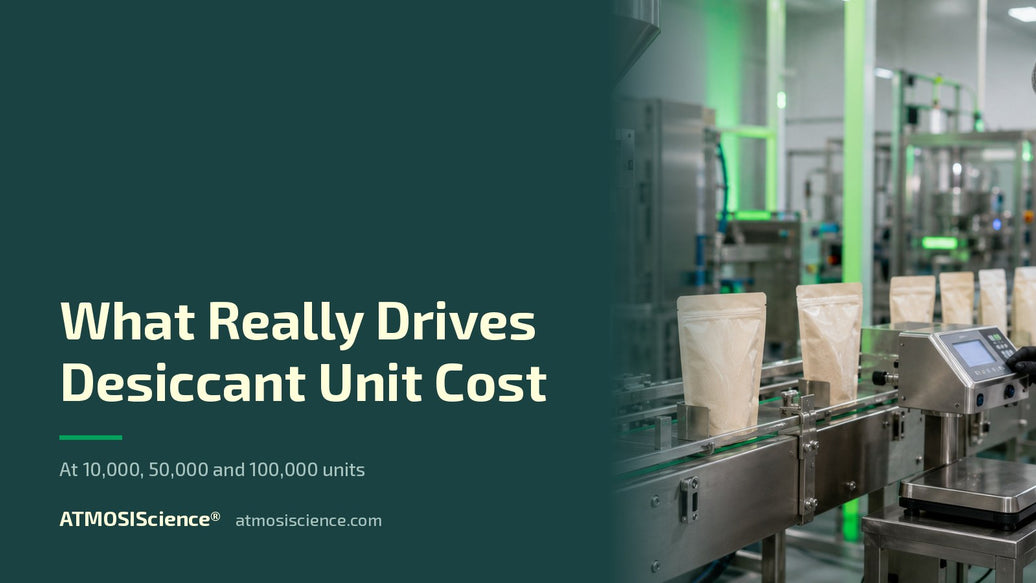What drives desiccant unit cost at 10,000, 50,000 and 100,000 units | ATMOSIScience fiber desiccant