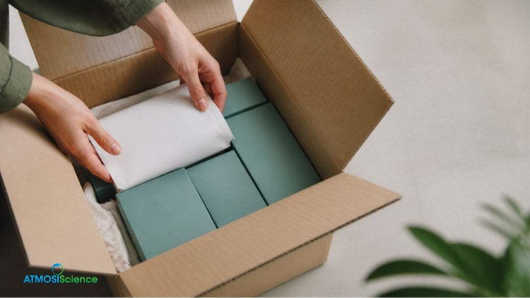 Hands laying a sheet of white packing paper over items in a cardboard box