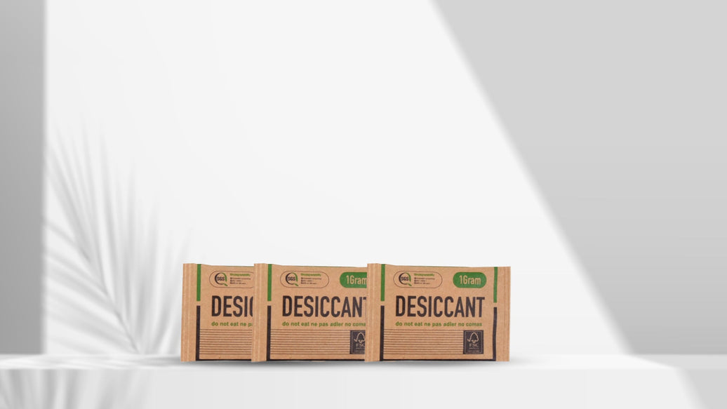 Fiber desiccant pouches for food and supplement packaging, ATMOSIScience