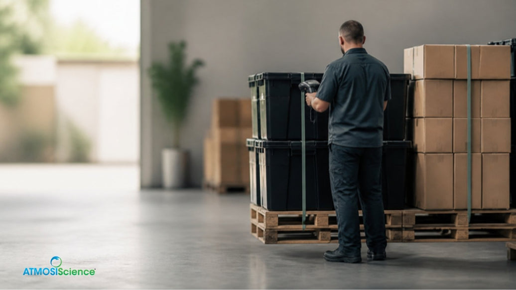Pallet of sealed bins in a warehouse for dispensary and cultivator bulk cannabis storage