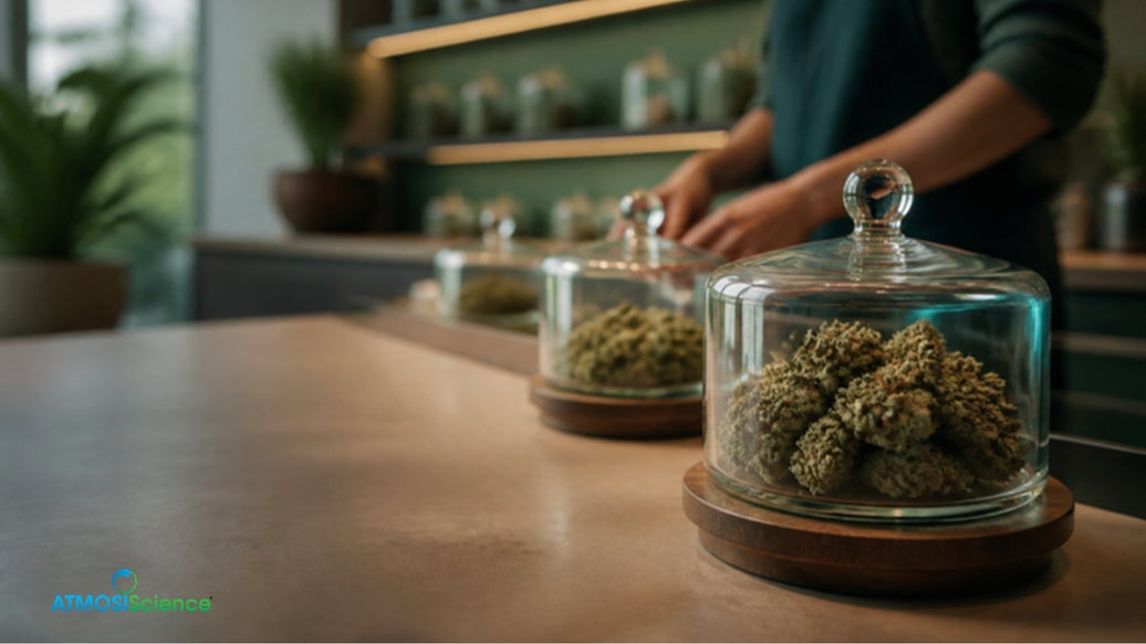 Glass display jars of cannabis flower on a dispensary counter under warm lighting