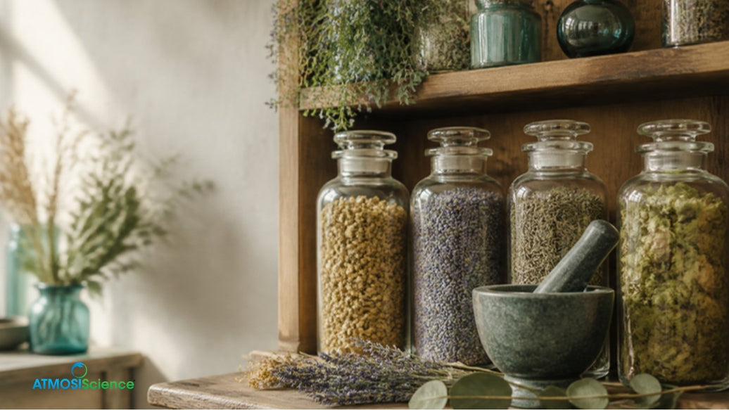 Jars of dried herbs and botanicals with a mortar and pestle on an apothecary shelf