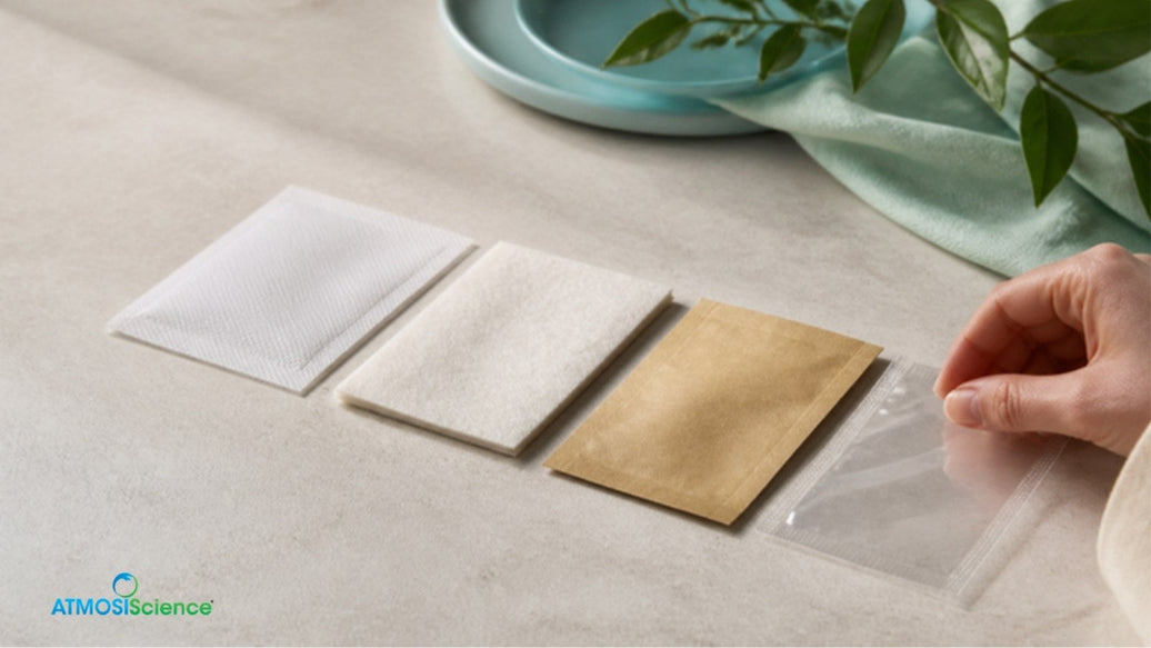 White paper, kraft paper and clear film sachets laid out on a light table