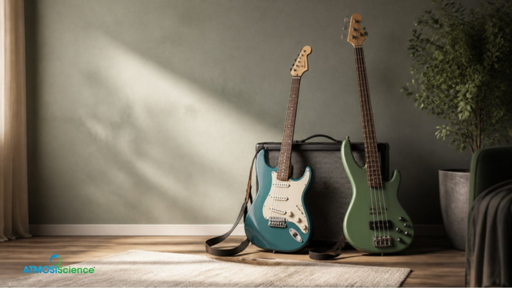 Solid body electric guitar and bass leaning on an amp, does electric guitar humidity matter