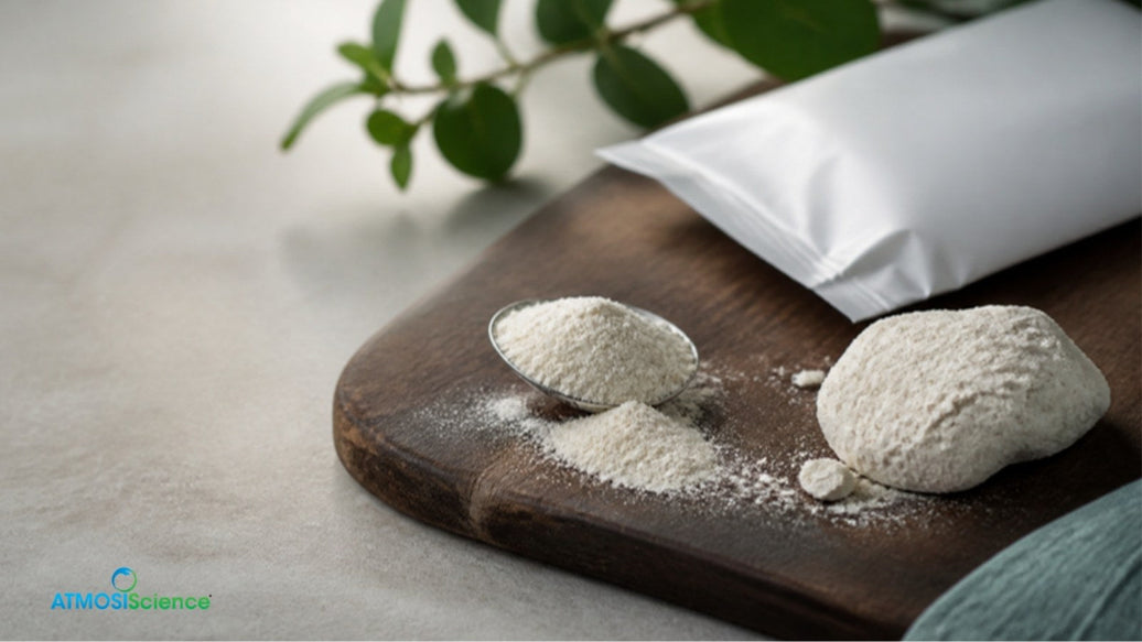 Clumps of white powder on a wooden board beside a white pouch