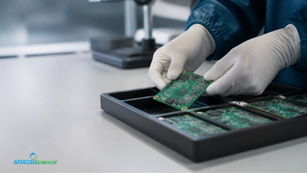 Gloved hands placing a circuit board in an anti-static tray, electronics manufacturing humidity and ESD safety