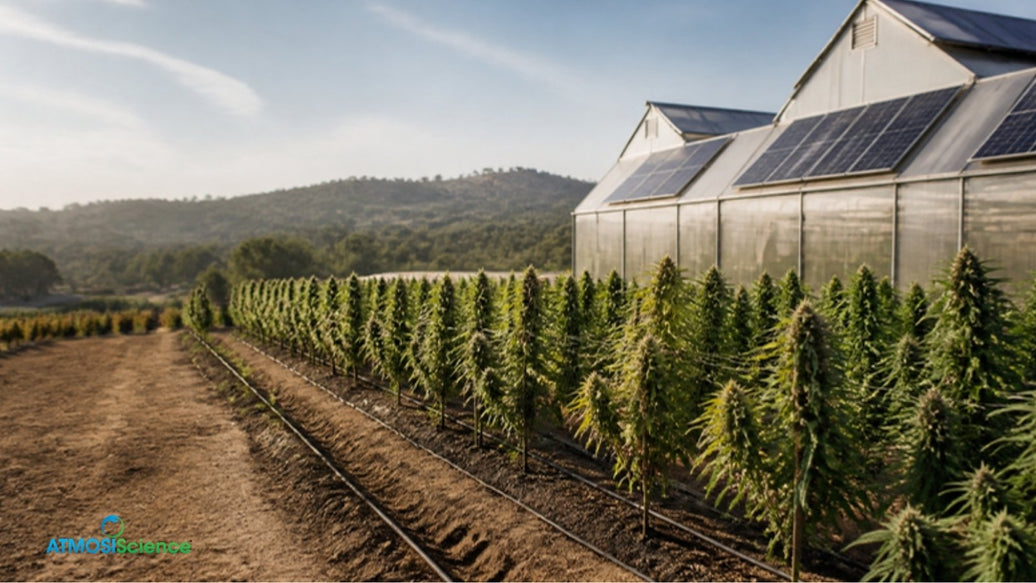 Outdoor cannabis field with drip irrigation and solar panels, the environmental impact of cultivation