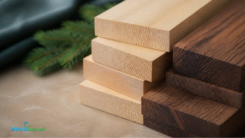 Stacked spruce and rosewood tonewood billets, the wood science of equilibrium moisture content
