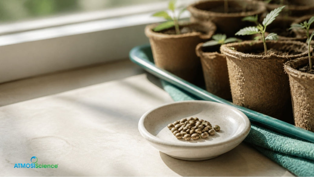 Autoflower cannabis seeds on a ceramic dish next to small sprouting seedling pots on a windowsill