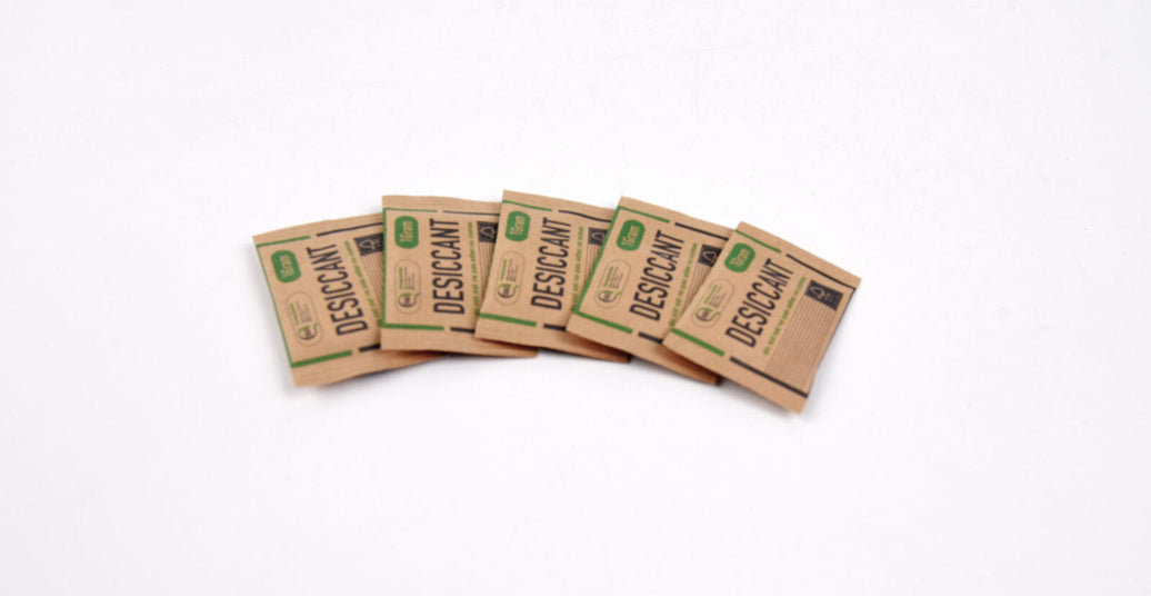 Range of ATMOSIScience fiber desiccant kraft sachets across multiple weights