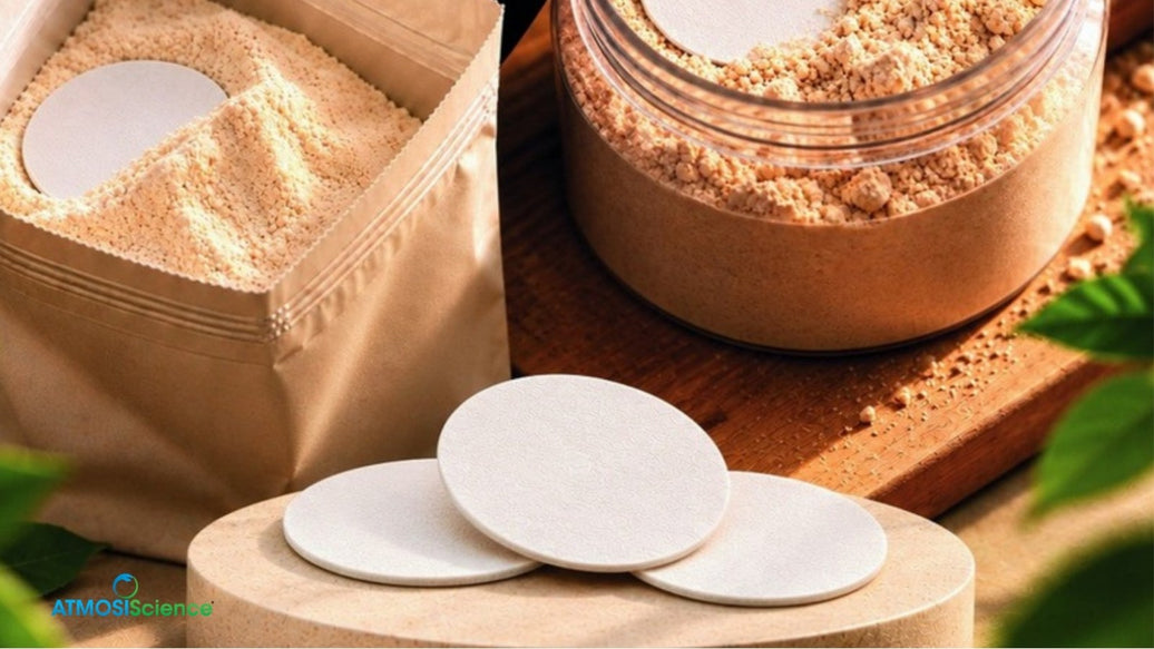 Round plant-fiber desiccant cards with a jar and a pouch of powder