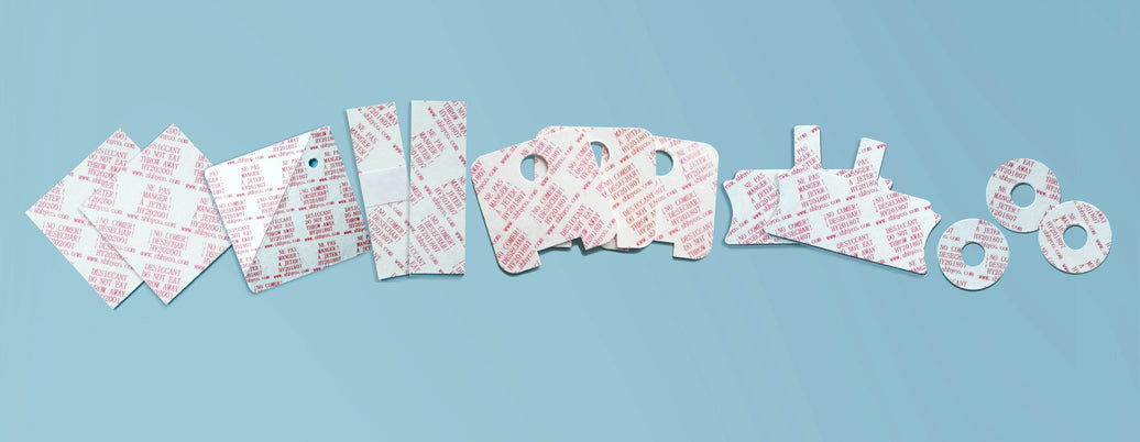 Die-cut film desiccant cards in custom shapes, squares, circles and tags for private-label programmes