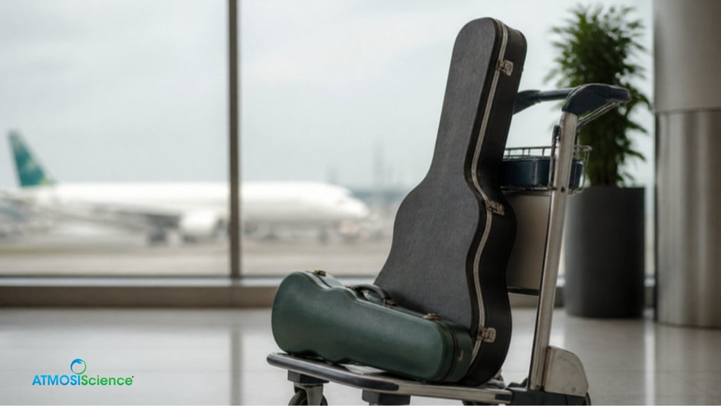 Guitar flight case and violin case on an airport trolley, flying with a guitar or violin