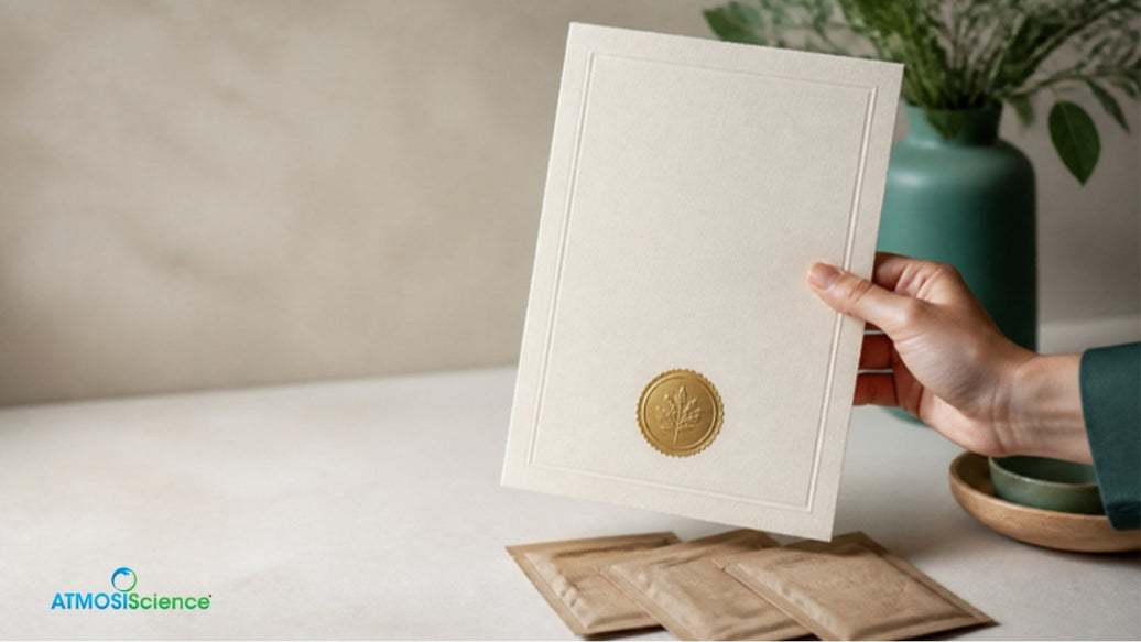Hand holding a certificate with a gold seal above kraft paper sachets