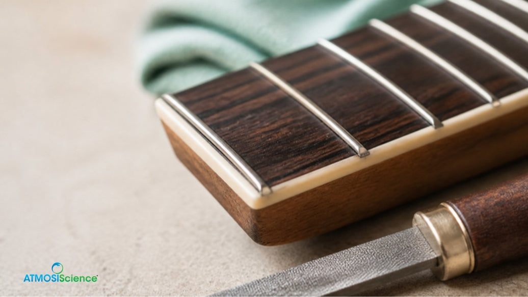 Close up of fret ends on a rosewood fretboard, fret sprout and guitar setup changes from humidity