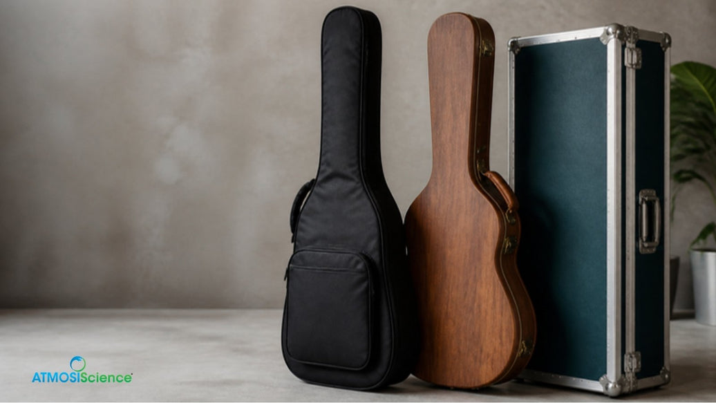 Gig bag, hardshell case and flight case side by side, comparing guitar case airtightness