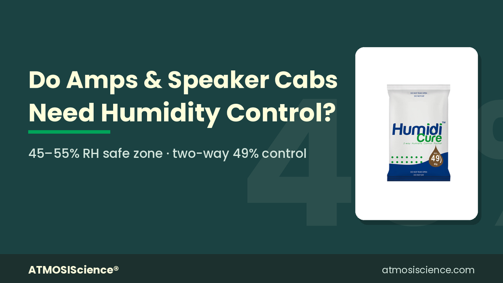 Guitar amplifier and speaker cabinet humidity control guide with Humidi-Cure 49% two-way humidity pack