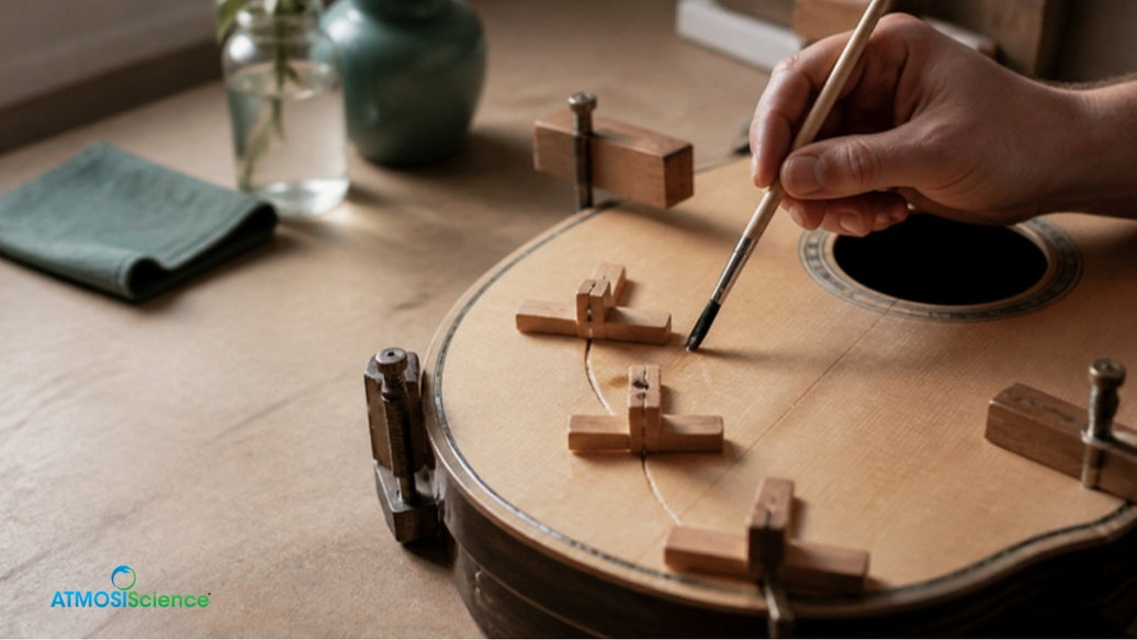 Luthier repairing a cracked acoustic guitar top with clamps, crack repair cost vs prevention
