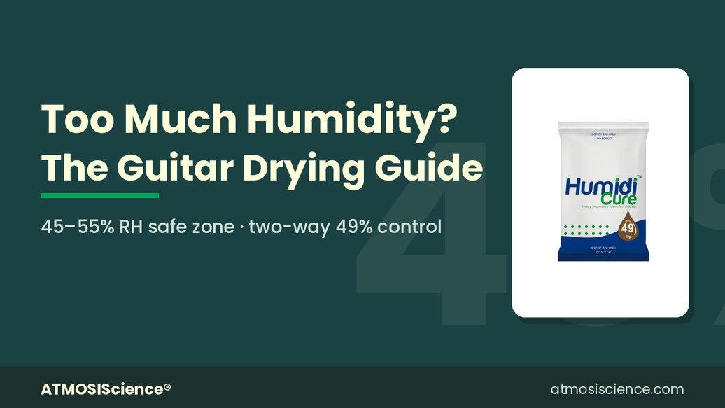 Guitar dehumidifier guide showing Humidi-Cure 49% two-way pack absorbing excess case humidity