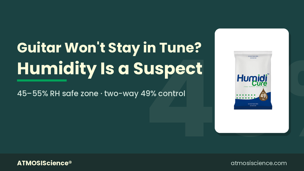 Guitar tuning stability and humidity guide with Humidi-Cure 49% pack in a guitar case
