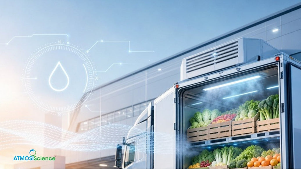 Refrigerated truck with fresh produce, monitored remotely for temperature and humidity