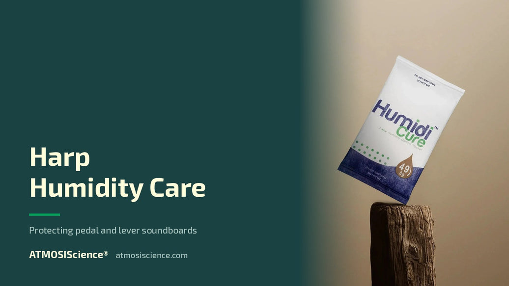 Harp humidity care — protecting pedal and lever harp soundboards | Humidi-Cure® 49% two-way humidity control by ATMOSIScience