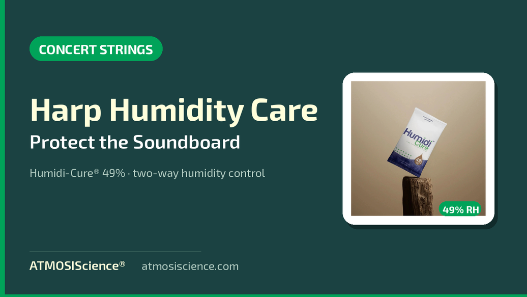 Harp humidity care guide — protect the soundboard with Humidi-Cure 49% two-way humidity packs
