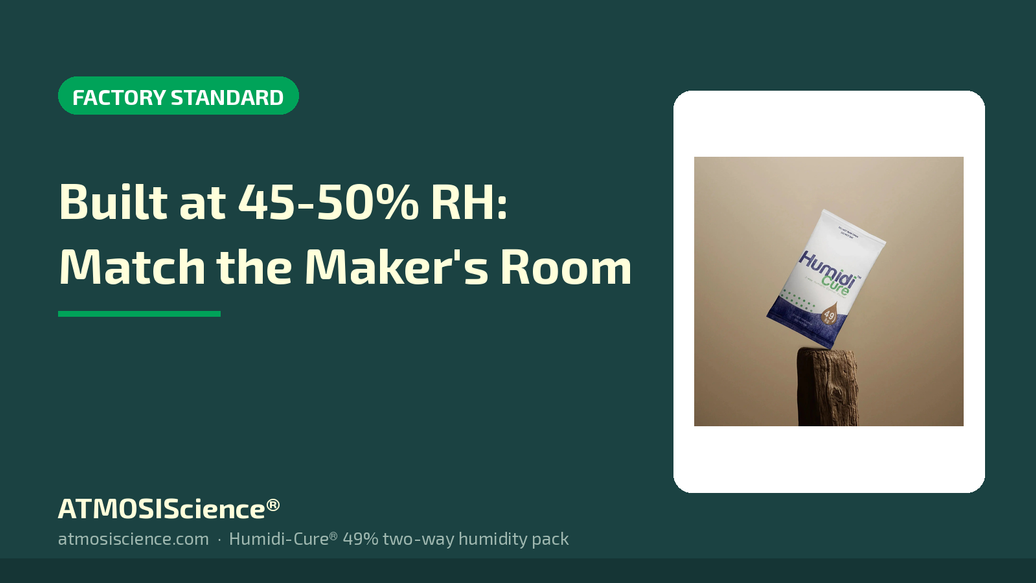 Guitars are built at 45 to 50 percent RH — match the factory humidity at home