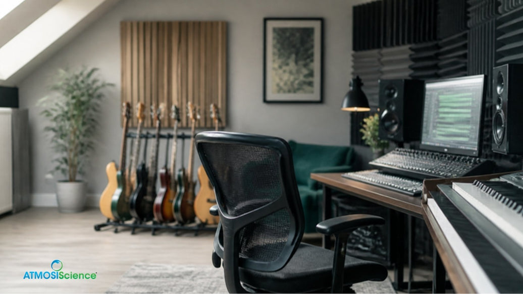 Home studio with guitars on stands and acoustic panels, studio humidity for a room of instruments