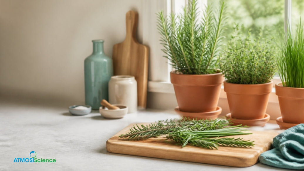 Rosemary, thyme and chives in terracotta pots on a sunny windowsill, an indoor kitchen garden