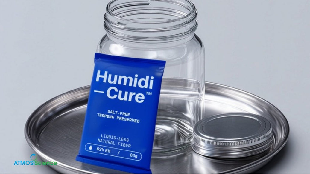 Humidi-Cure® 62% RH pack beside an open glass jar, controlling humidity when storing cannabis