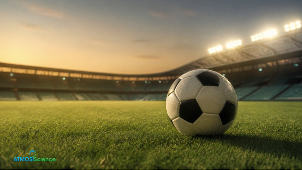 Soccer ball on a stadium pitch at dusk in desert heat, enjoying the FIFA World Cup 2022