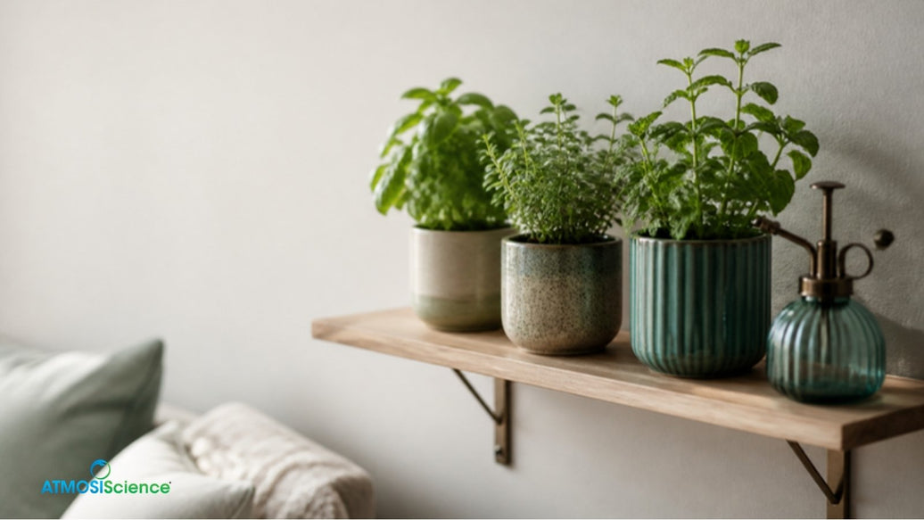Three small herb pots on a compact apartment shelf, an easy indoor small garden