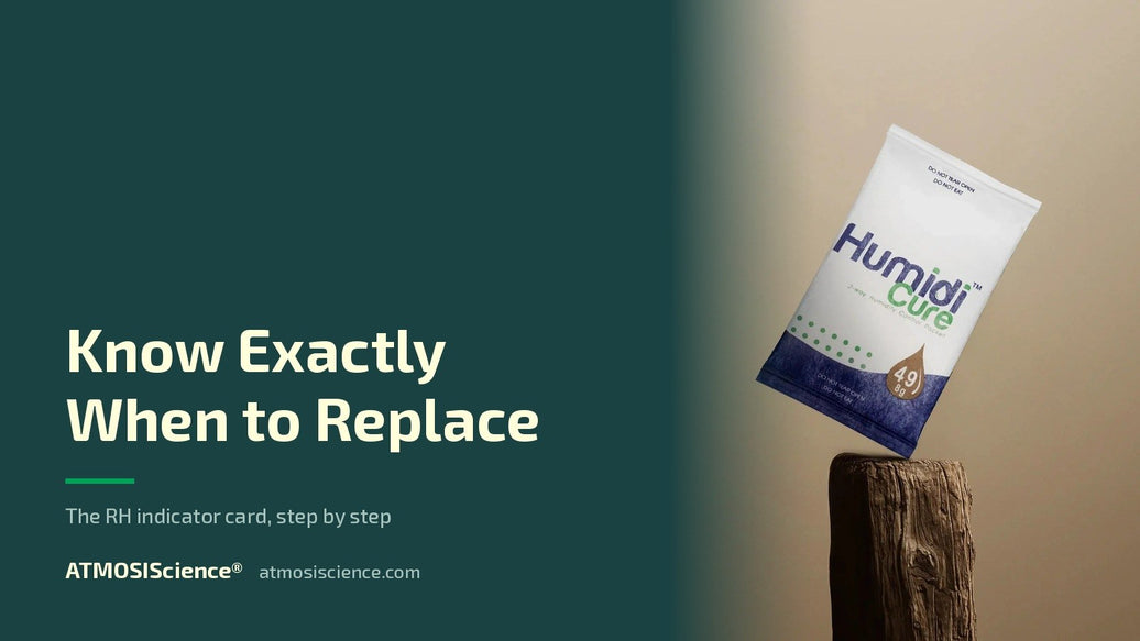 How to read an RH indicator card and know when to replace your humidity pack | Humidi-Cure® 49% two-way humidity control by ATMOSIScience