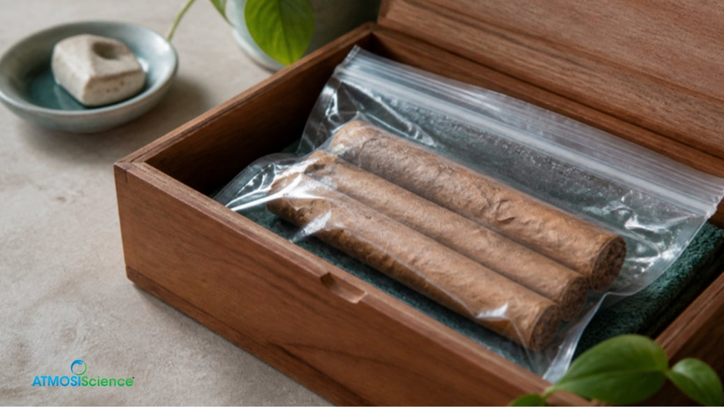 Dry cigars in a sealed bag inside a cedar box for slow rehydration, how to revive dry cigars