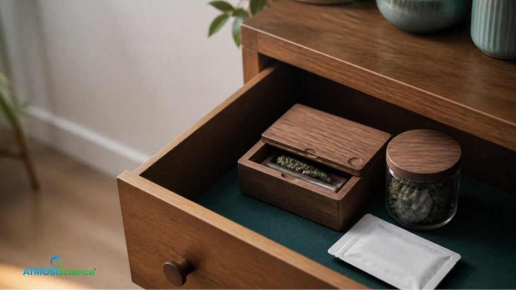 Dresser drawer with a glass jar of cannabis and a stash box, how to store cannabis at home