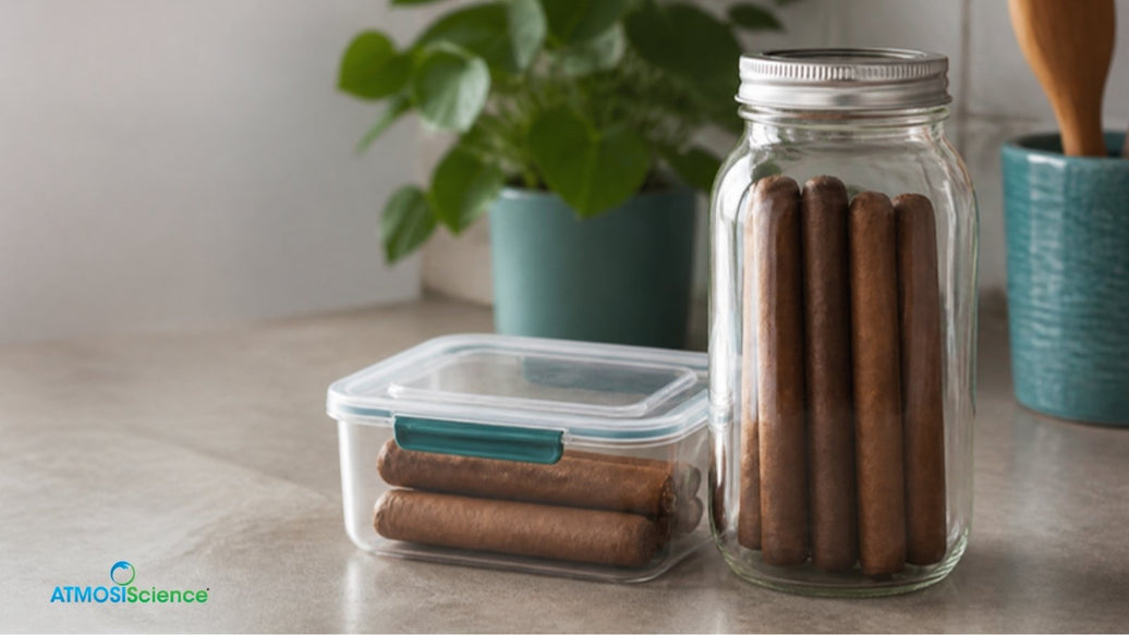 Cigars in an airtight plastic tupperdor and a glass jar on a counter, how to store cigars without a humidor