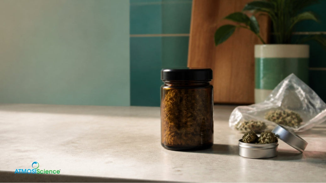 Best and worst ways to store weed: an amber glass jar beside a plastic bag and a metal tin
