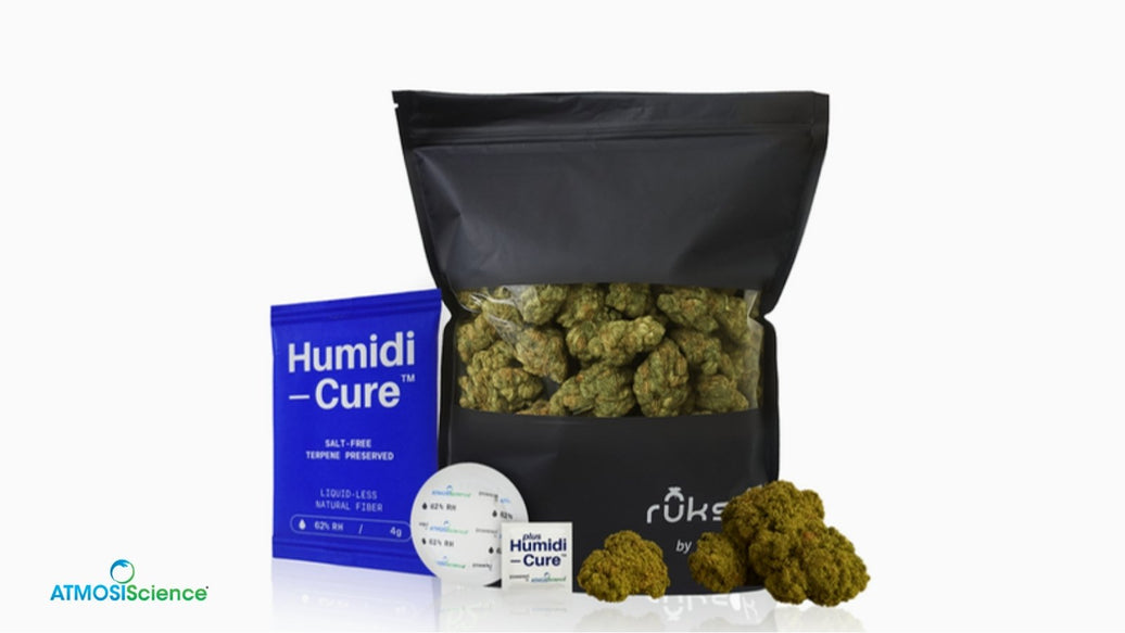 Humidi-Cure® 62% pack beside a ruksak® bag of cured cannabis buds, two humidity solutions compared